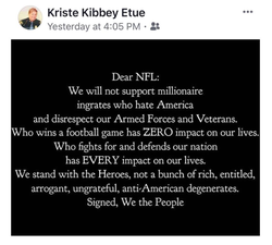 The Facebook post by Kriste Kibbey Etue about the NFL protests by dozens of players.