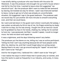 Screenshot from the Facebook post of Kristina Cohen where she declares that she was raped by Ed Westwick.