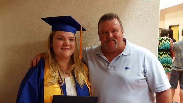 Photo of Leah at her Hutchinson Community College graduation with her father Bob