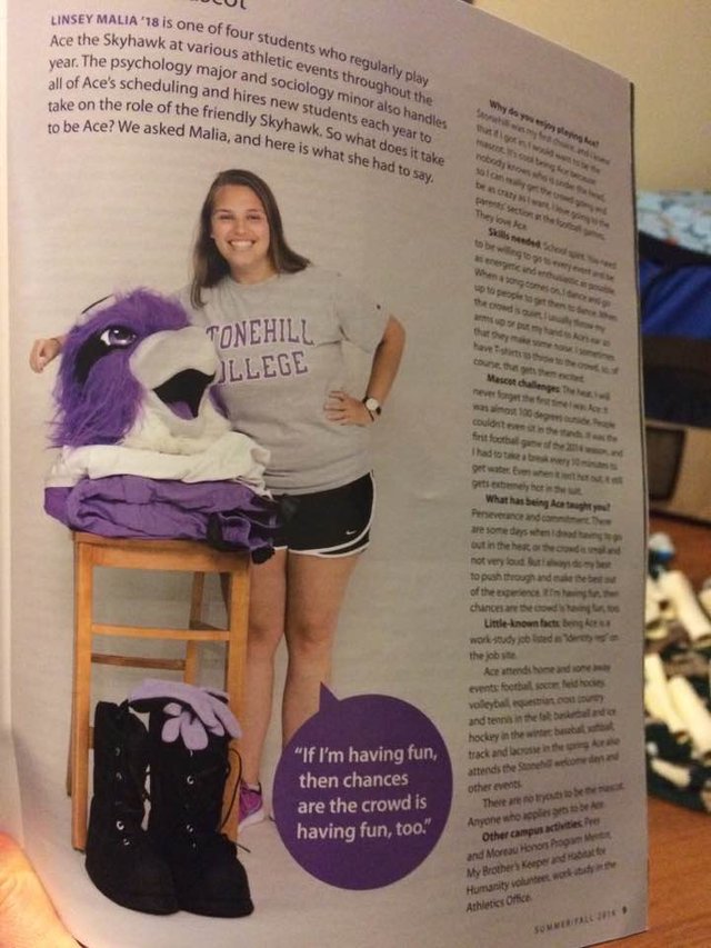 Magazine write-up about Linsey being the mascot