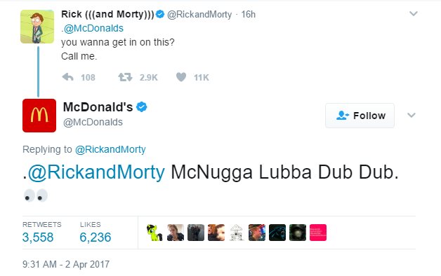 Rick and Morty and McDonald's Twitter Accounts engaging in a discussion about the rising popularity of the Szechuan Sauce