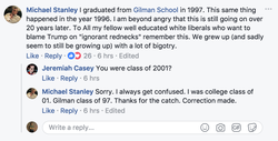Post by Michael Stanley about Logan Paff and Lily Ratcliffe about wearing racist costumes at a Halloween party.