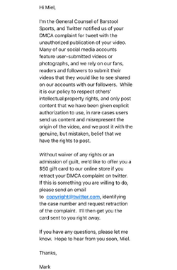 Barstool Sports' general counsel, Mark Marin, offered Miel Bredouw a $50 gift card if she rescinded her DMCA takedown notice.