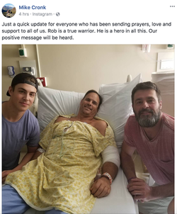 Photo of Mike Cronk with his Rob at the hospital in stable condition. Rob was one of the injured during the Mandalay Bay Resort Shooting- who was shot three times in the chest.