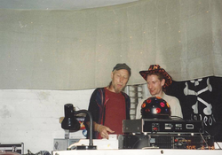 Monkey Pilot teaching Paul Bedson to DJ at the 491 Gallery in 2005