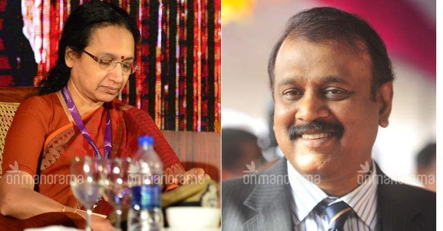 Chief Secretary Nalini Netto on left and DGP Senkumar on right