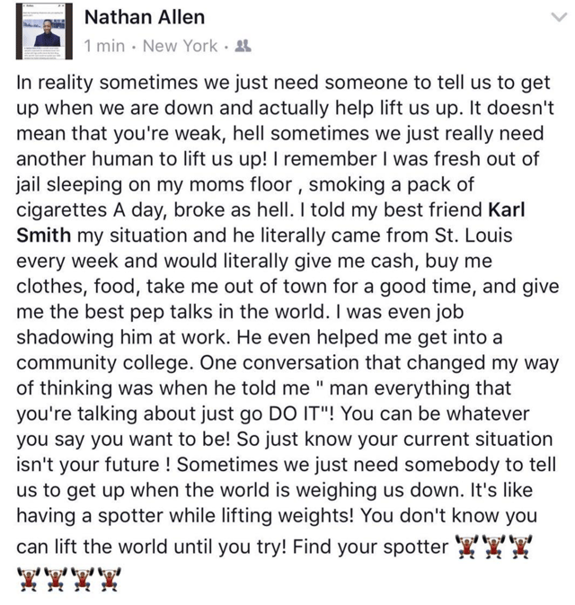 Post on Instagram where he shares a written note about how his best friend Karl Smith, helped him when he hit rock bottom.