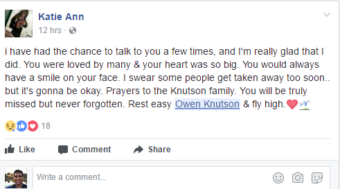 Facebook post in Owen's memory by his friend Katie Ann