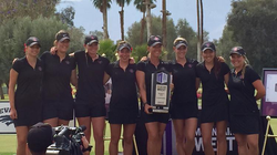 Paige Spiranac (sixth from the left) with her San Diego State women's golf team poses with the Mountain West Championship trophy