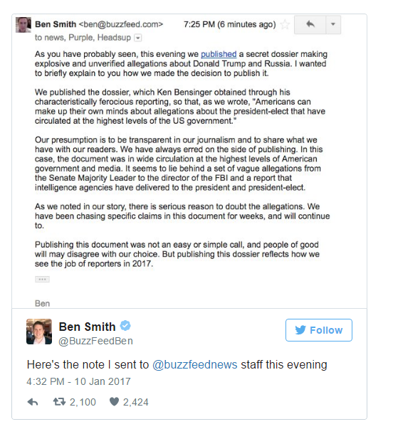 Editor-in-Chief Ben Smith tweets an email he sent to his team about his decision to publish the story