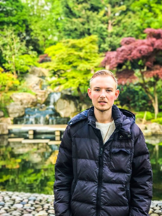 Richard at the waterfall in Kyoto Garden/London
