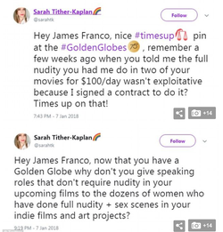 Tweets made by Sarah Tither-Kaplan alleging that James Franco exploited her.