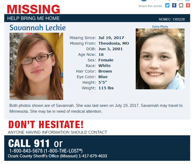 Missing Kids poster to help find Savannah