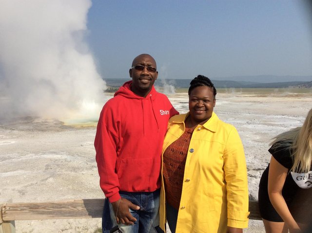 Photo of Shelia and her husband Pharrell Burage at some hot springs.