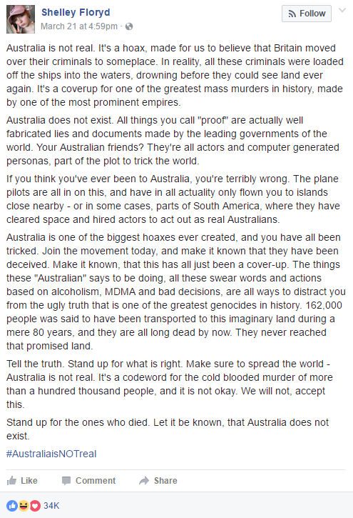 Australia not real Facebook post