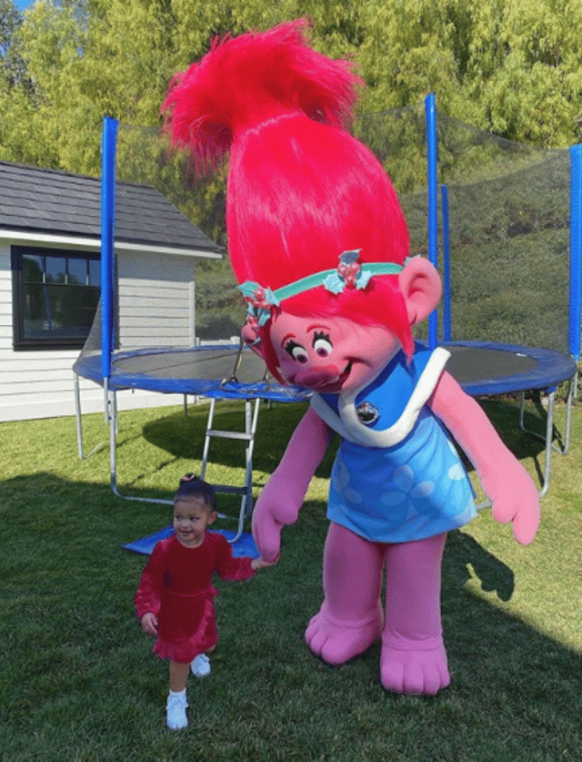 Stormi with 'Poppy' from the Trolls film at her Calabasas home.