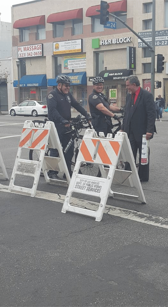 Will meeting police officers on bicycles - making them smile.