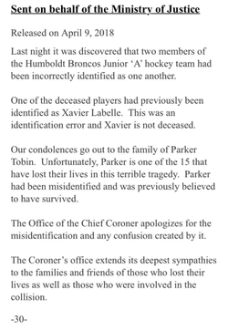 Statement from the Ministry of Justice about Xavier Labelle being misidentified in the bus crash (April 2018)